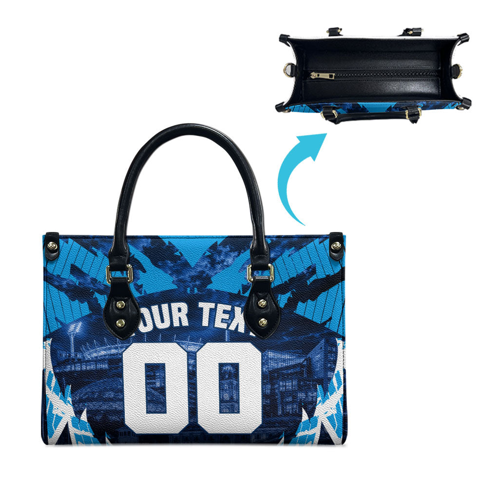 Personalised Geelong Cat Football Leather Bag Electric Blue Mascot Charging Cityscape