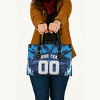 Personalised Geelong Cat Football Leather Bag Electric Blue Mascot Charging Cityscape