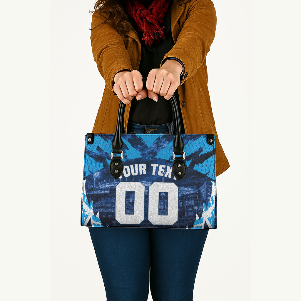 Personalised Geelong Cat Football Leather Bag Electric Blue Mascot Charging Cityscape