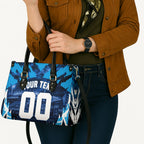 Personalised Geelong Cat Football Leather Bag Electric Blue Mascot Charging Cityscape