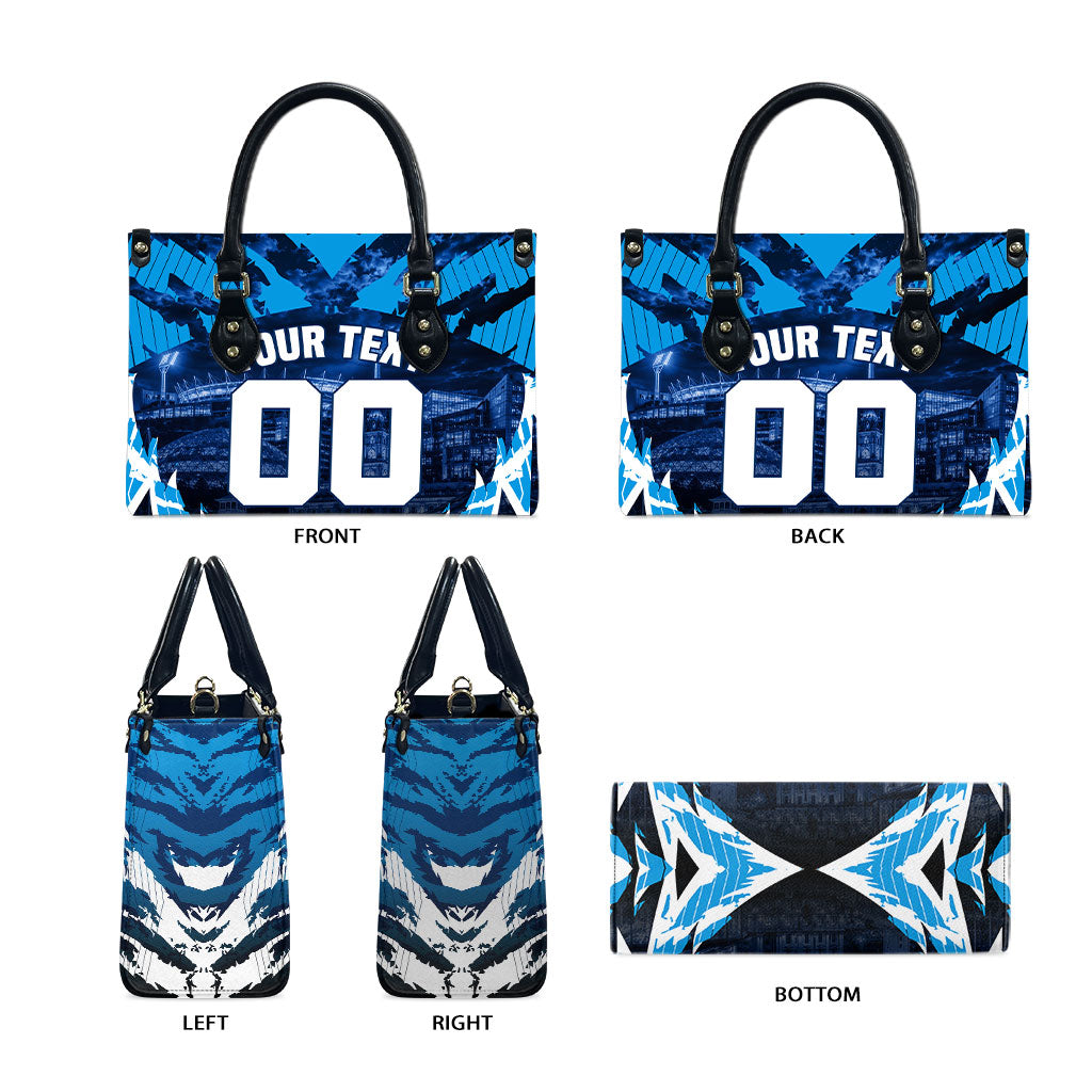 Personalised Geelong Cat Football Leather Bag Electric Blue Mascot Charging Cityscape