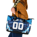 Personalised Geelong Cat Football Leather Tote Bag Electric Blue Mascot Charging Cityscape
