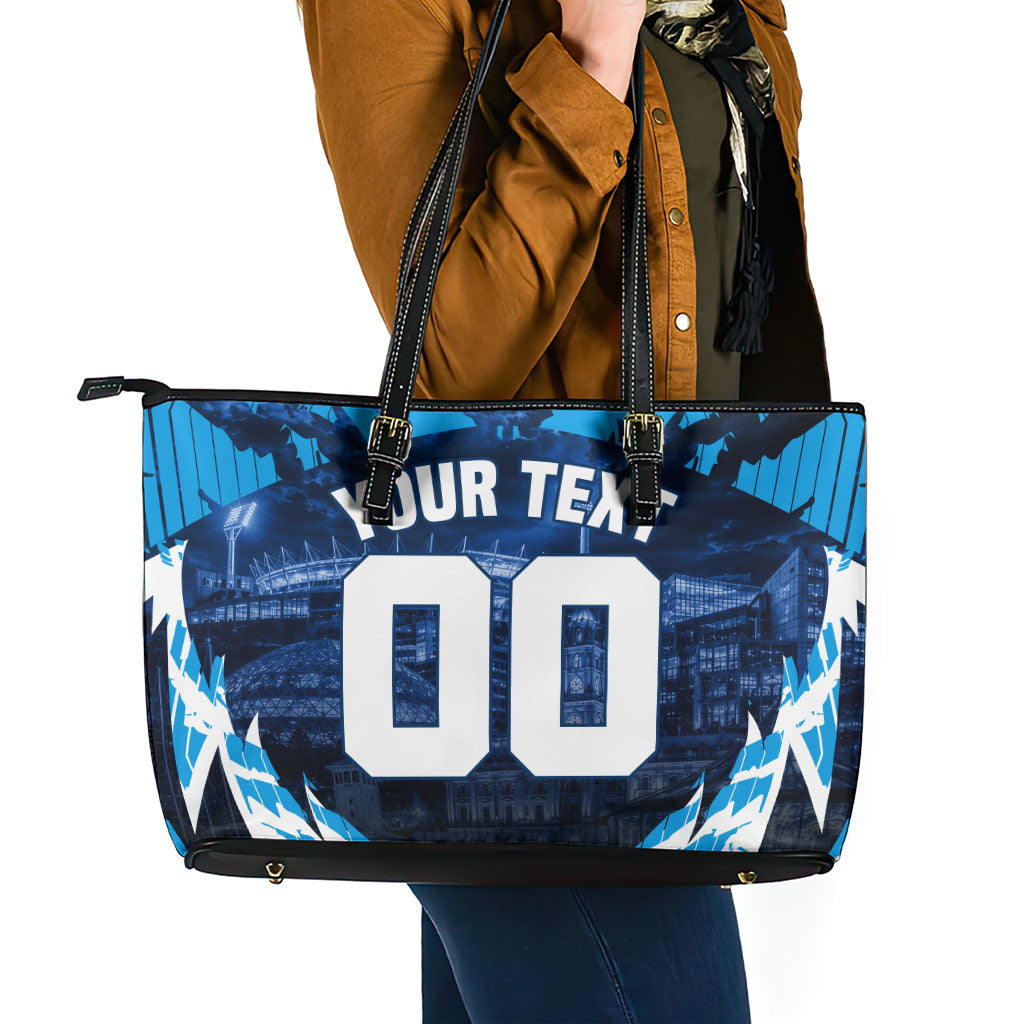 Personalised Geelong Cat Football Leather Tote Bag Electric Blue Mascot Charging Cityscape