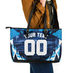 Personalised Geelong Cat Football Leather Tote Bag Electric Blue Mascot Charging Cityscape