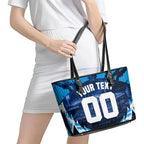 Personalised Geelong Cat Football Leather Tote Bag Electric Blue Mascot Charging Cityscape