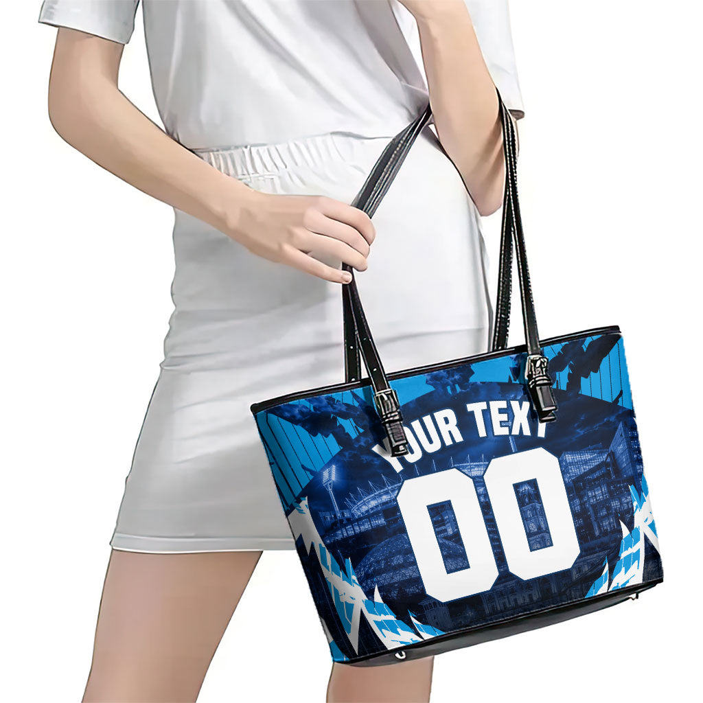Personalised Geelong Cat Football Leather Tote Bag Electric Blue Mascot Charging Cityscape