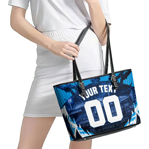 Personalised Geelong Cat Football Leather Tote Bag Electric Blue Mascot Charging Cityscape