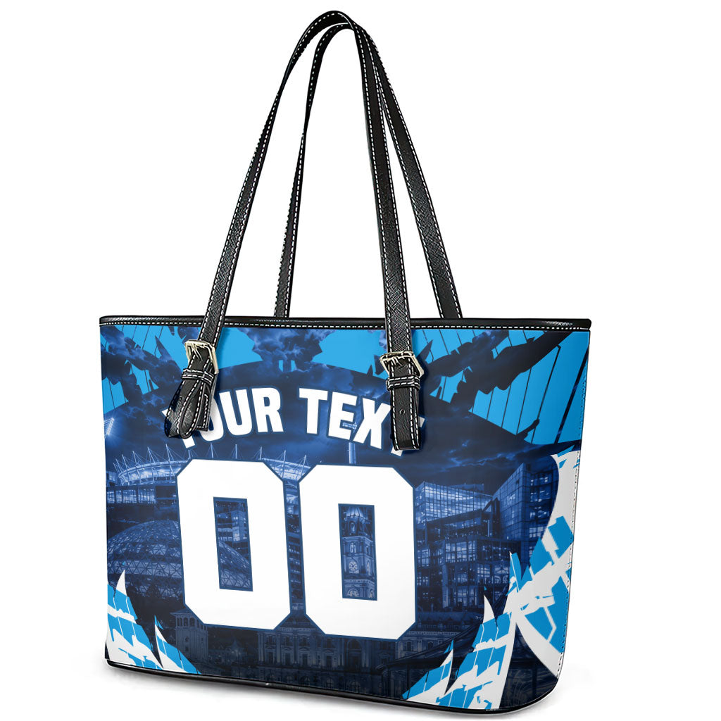 Personalised Geelong Cat Football Leather Tote Bag Electric Blue Mascot Charging Cityscape
