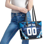 Personalised Geelong Cat Football Leather Tote Bag Electric Blue Mascot Charging Cityscape