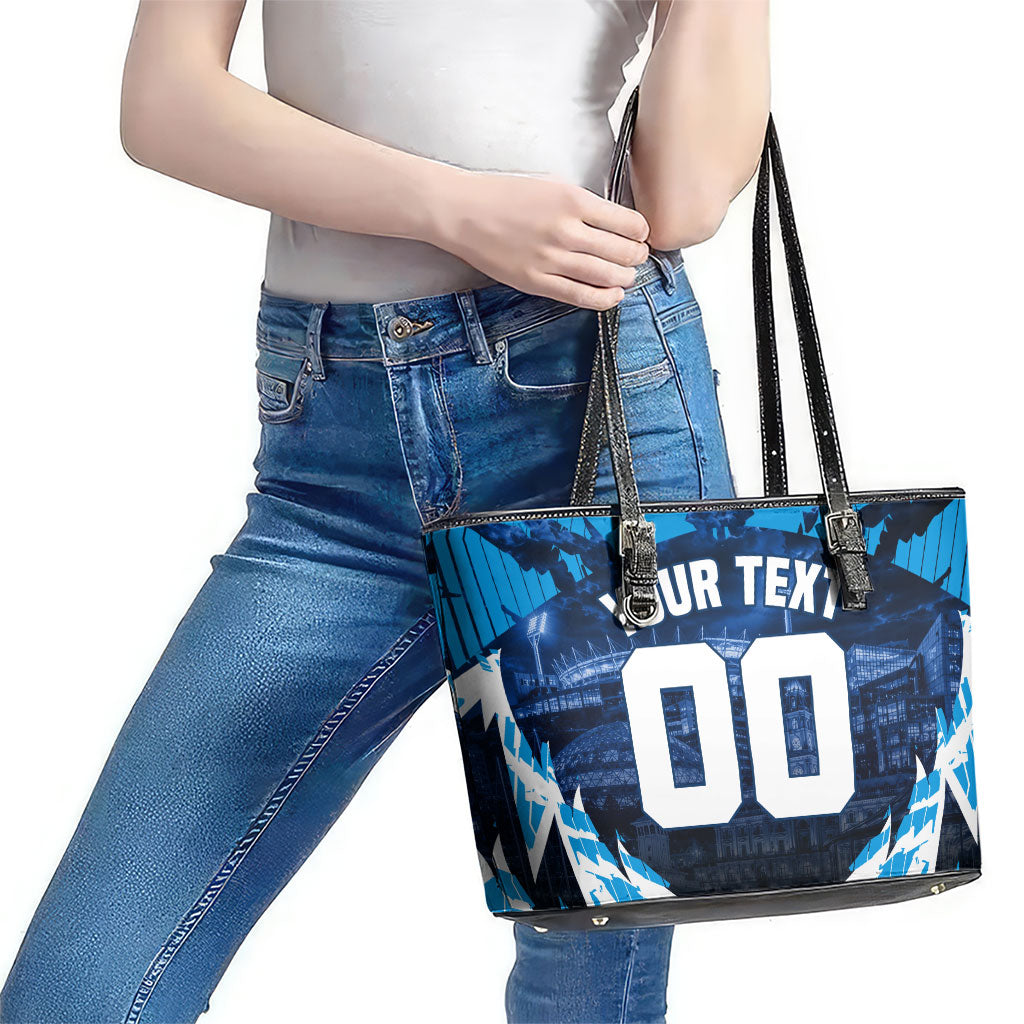 Personalised Geelong Cat Football Leather Tote Bag Electric Blue Mascot Charging Cityscape