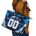 Personalised Geelong Cat Football Leather Tote Bag Electric Blue Mascot Charging Cityscape