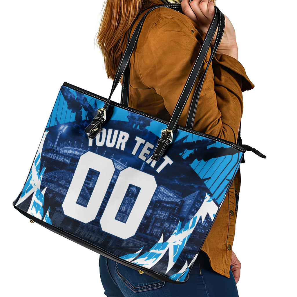 Personalised Geelong Cat Football Leather Tote Bag Electric Blue Mascot Charging Cityscape