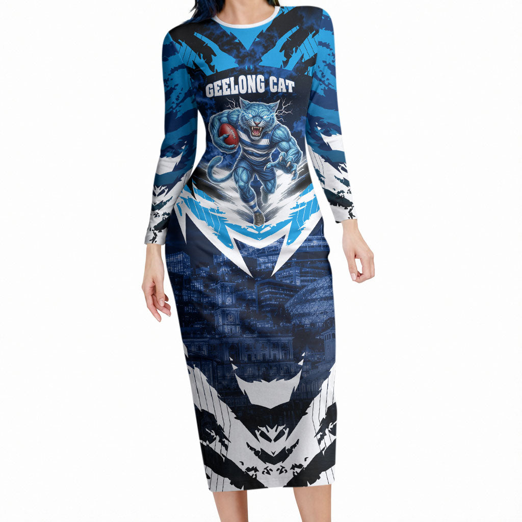 Personalised Geelong Cat Football Long Sleeve Bodycon Dress Electric Blue Mascot Charging Cityscape