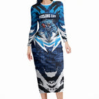Personalised Geelong Cat Football Long Sleeve Bodycon Dress Electric Blue Mascot Charging Cityscape