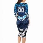 Personalised Geelong Cat Football Long Sleeve Bodycon Dress Electric Blue Mascot Charging Cityscape