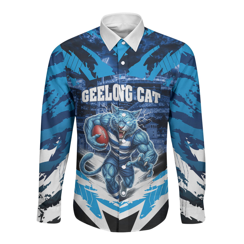 Personalised Geelong Cat Football Long Sleeve Button Shirt Electric Blue Mascot Charging Cityscape