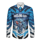 Personalised Geelong Cat Football Long Sleeve Button Shirt Electric Blue Mascot Charging Cityscape