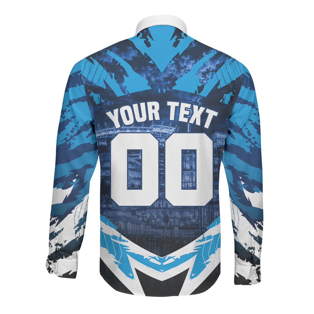 Personalised Geelong Cat Football Long Sleeve Button Shirt Electric Blue Mascot Charging Cityscape