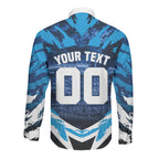 Personalised Geelong Cat Football Long Sleeve Button Shirt Electric Blue Mascot Charging Cityscape
