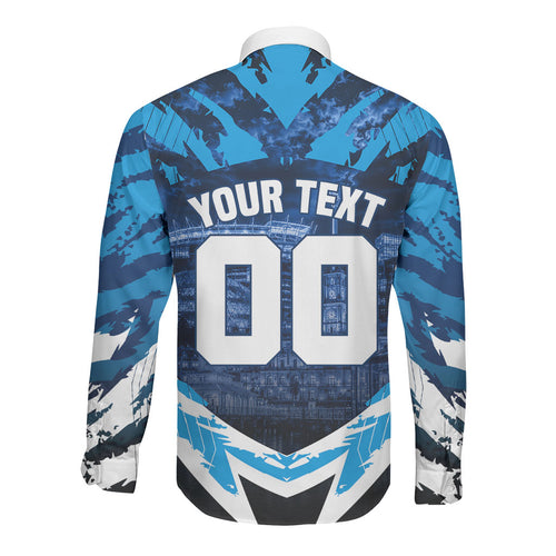 Personalised Geelong Cat Football Long Sleeve Button Shirt Electric Blue Mascot Charging Cityscape