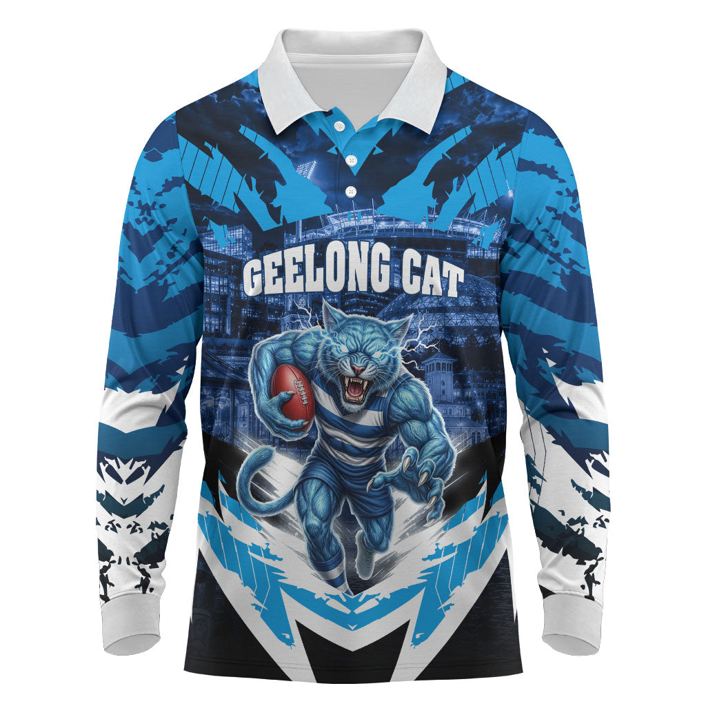 Personalised Geelong Cat Football Long Sleeve Polo Shirt Electric Blue Mascot Charging Cityscape