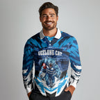 Personalised Geelong Cat Football Long Sleeve Polo Shirt Electric Blue Mascot Charging Cityscape
