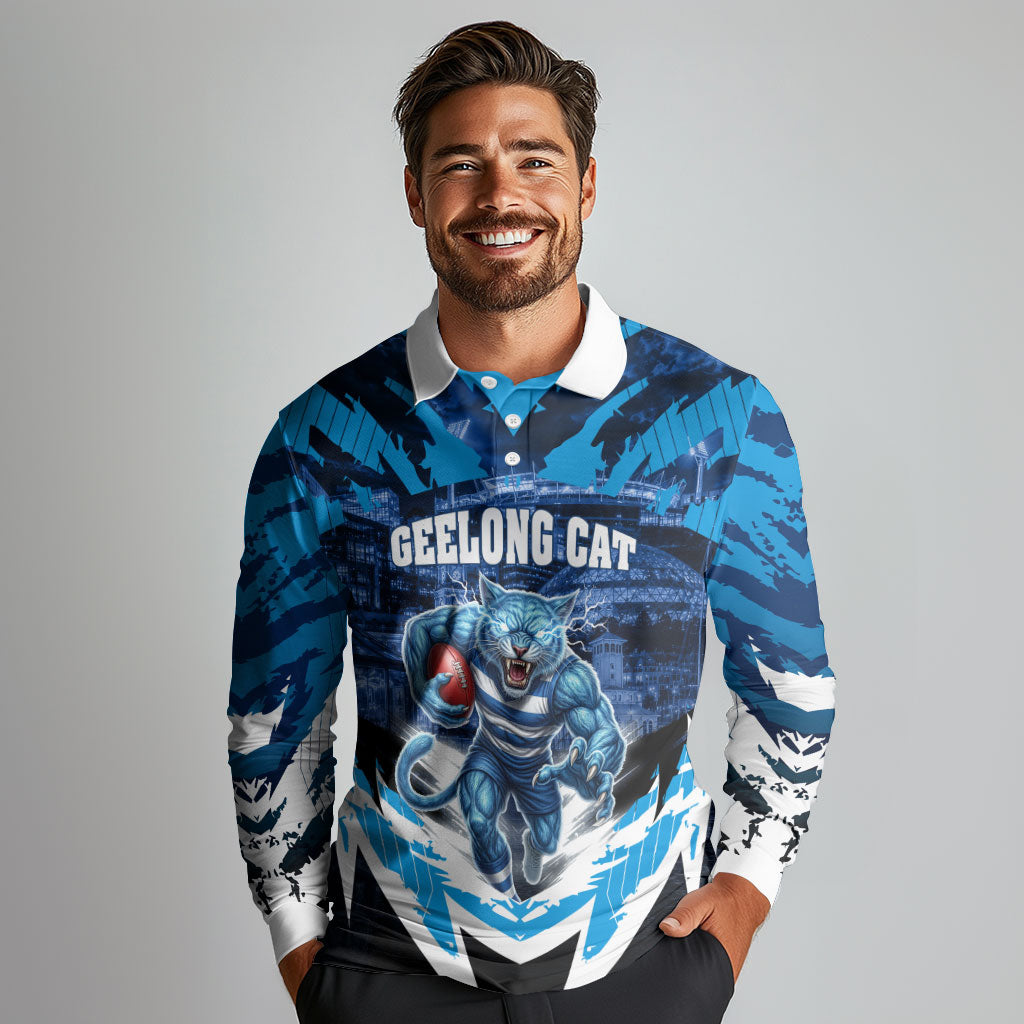 Personalised Geelong Cat Football Long Sleeve Polo Shirt Electric Blue Mascot Charging Cityscape