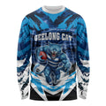 Personalised Geelong Cat Football Long Sleeve Shirt Electric Blue Mascot Charging Cityscape