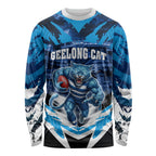 Personalised Geelong Cat Football Long Sleeve Shirt Electric Blue Mascot Charging Cityscape