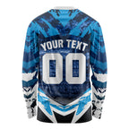 Personalised Geelong Cat Football Long Sleeve Shirt Electric Blue Mascot Charging Cityscape