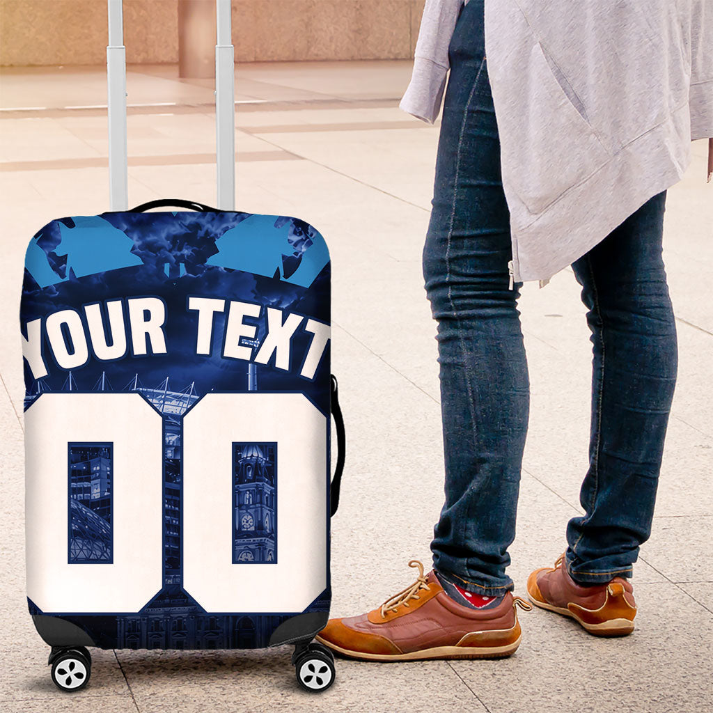 Personalised Geelong Cat Football Luggage Cover Electric Blue Mascot Charging Cityscape