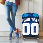 Personalised Geelong Cat Football Luggage Cover Electric Blue Mascot Charging Cityscape