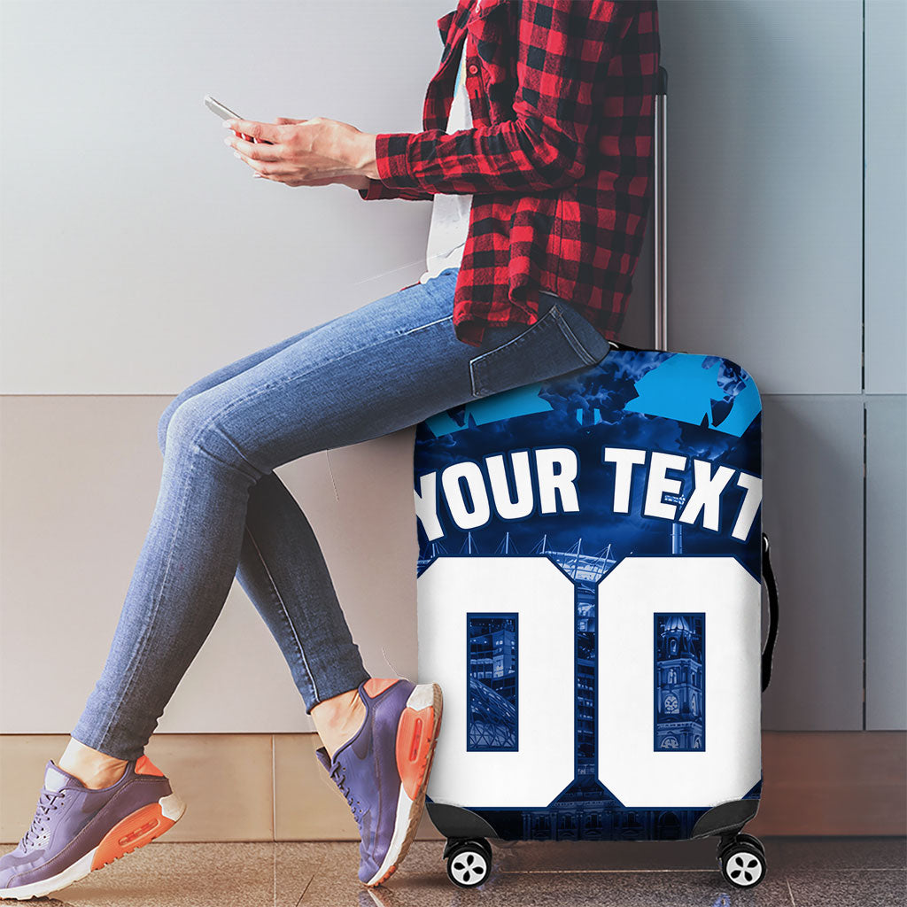 Personalised Geelong Cat Football Luggage Cover Electric Blue Mascot Charging Cityscape