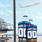 Personalised Geelong Cat Football Luggage Cover Electric Blue Mascot Charging Cityscape