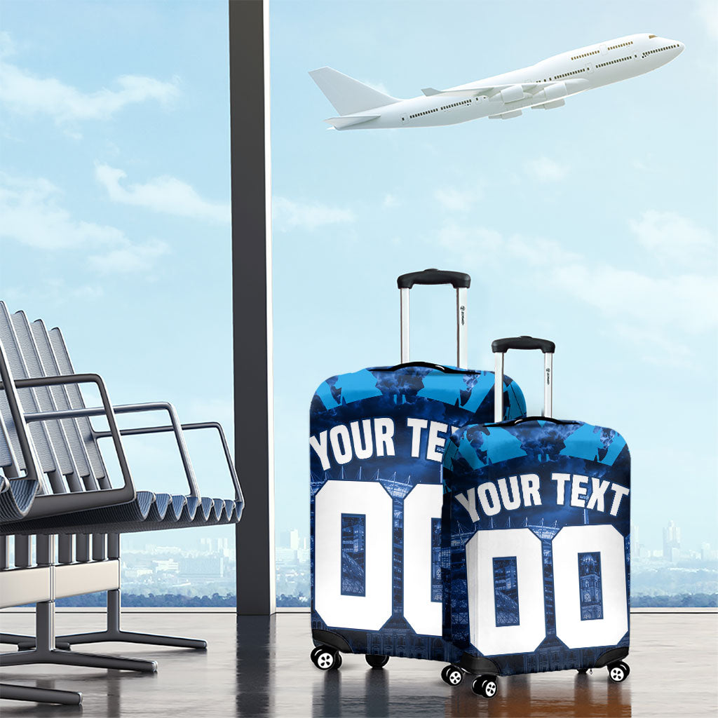 Personalised Geelong Cat Football Luggage Cover Electric Blue Mascot Charging Cityscape