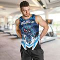 Personalised Geelong Cat Football Men Tank Top Electric Blue Mascot Charging Cityscape