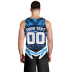 Personalised Geelong Cat Football Men Tank Top Electric Blue Mascot Charging Cityscape