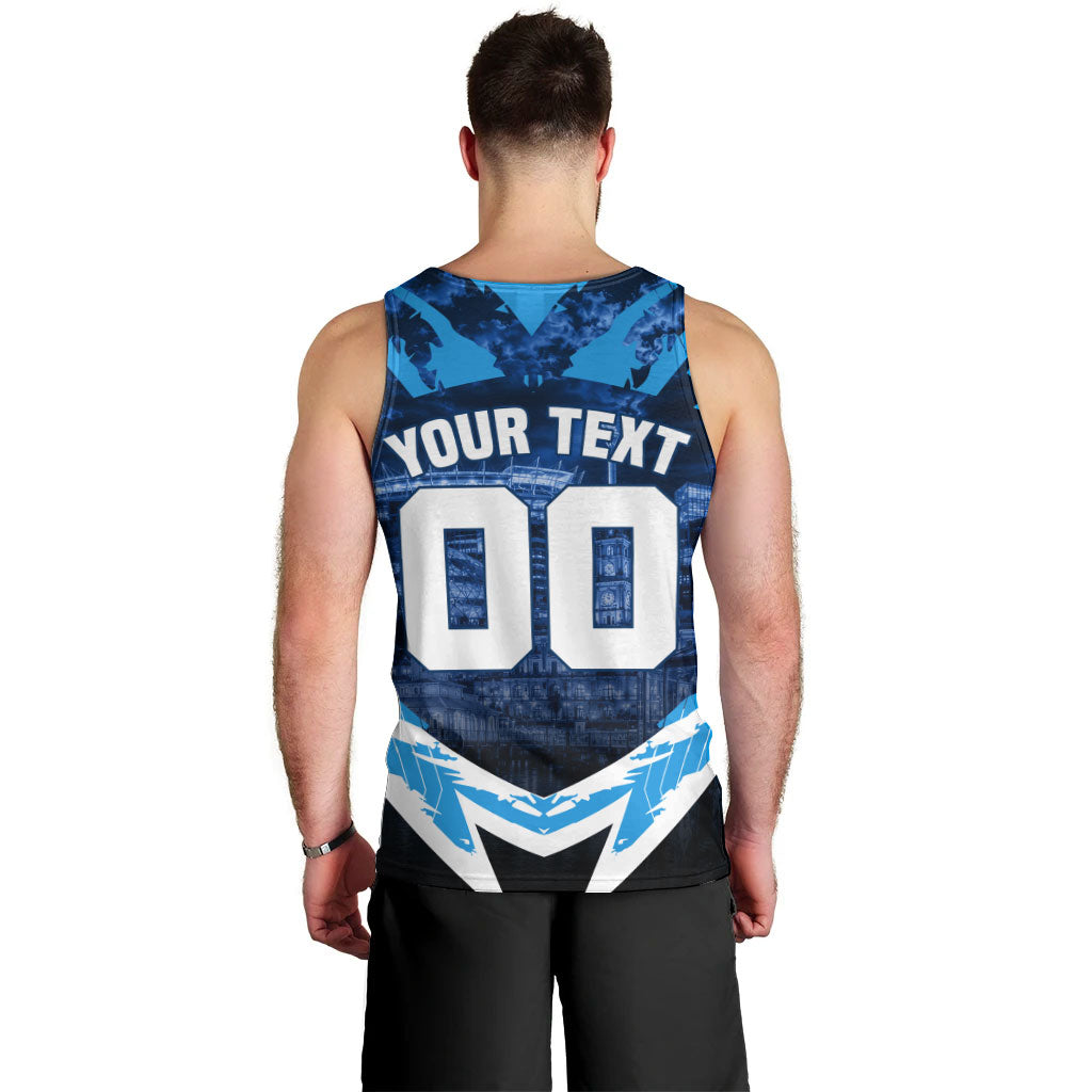 Personalised Geelong Cat Football Men Tank Top Electric Blue Mascot Charging Cityscape