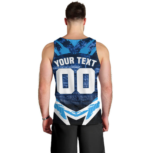 Personalised Geelong Cat Football Men Tank Top Electric Blue Mascot Charging Cityscape