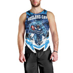Personalised Geelong Cat Football Men Tank Top Electric Blue Mascot Charging Cityscape