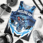 Personalised Geelong Cat Football Men Tank Top Electric Blue Mascot Charging Cityscape