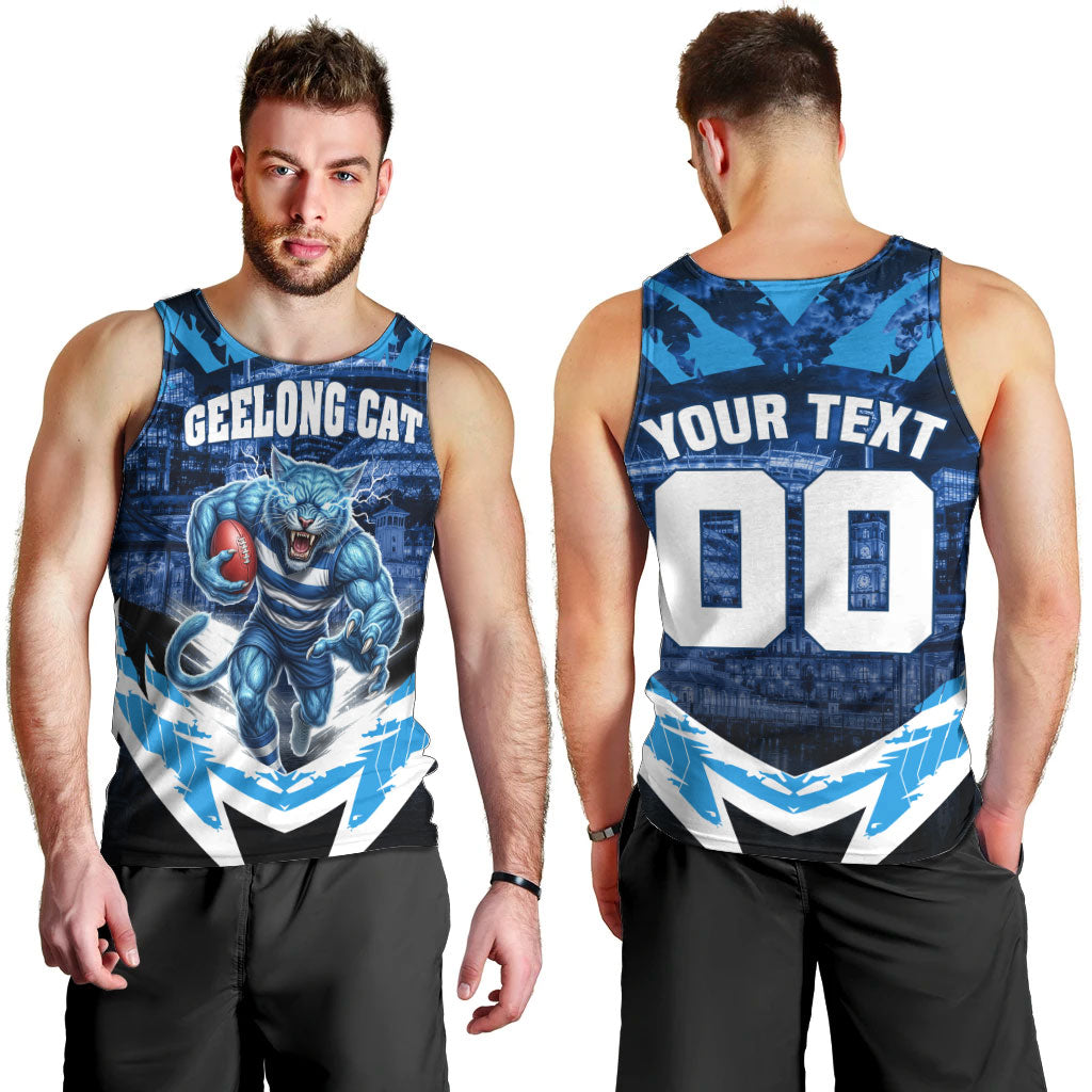 Personalised Geelong Cat Football Men Tank Top Electric Blue Mascot Charging Cityscape