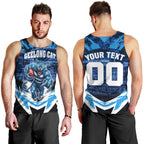 Personalised Geelong Cat Football Men Tank Top Electric Blue Mascot Charging Cityscape