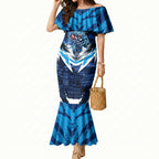 Personalised Geelong Cat Football Mermaid Dress Electric Blue Mascot Charging Cityscape