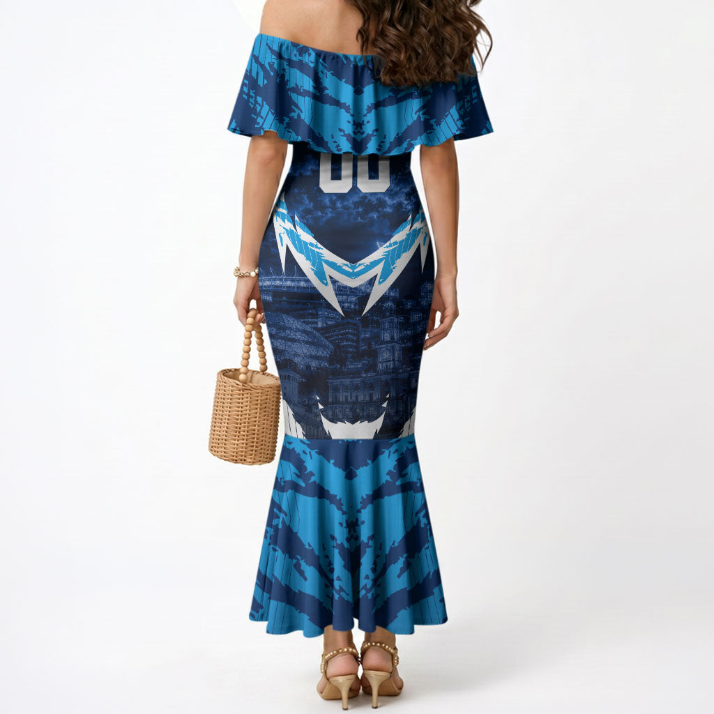 Personalised Geelong Cat Football Mermaid Dress Electric Blue Mascot Charging Cityscape