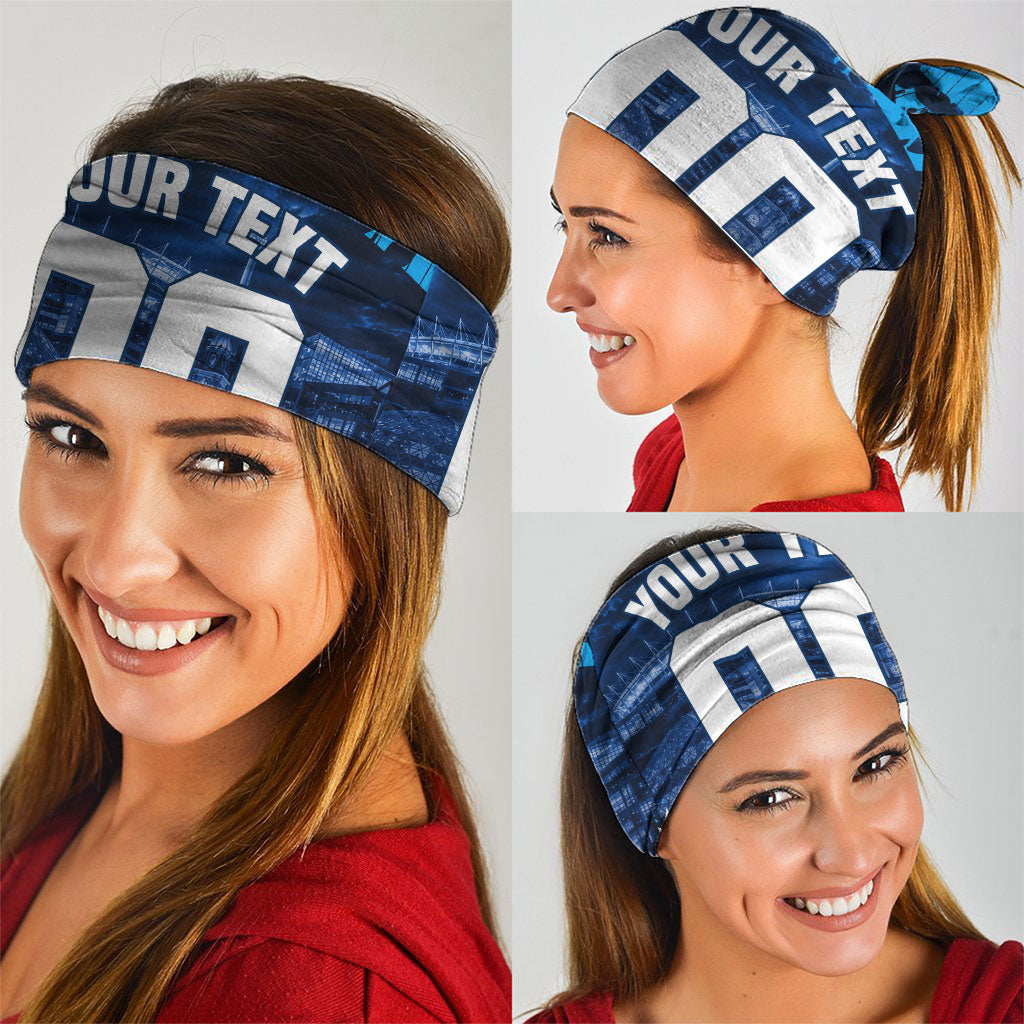 Personalised Geelong Cat Football Neck Gaiter Electric Blue Mascot Charging Cityscape