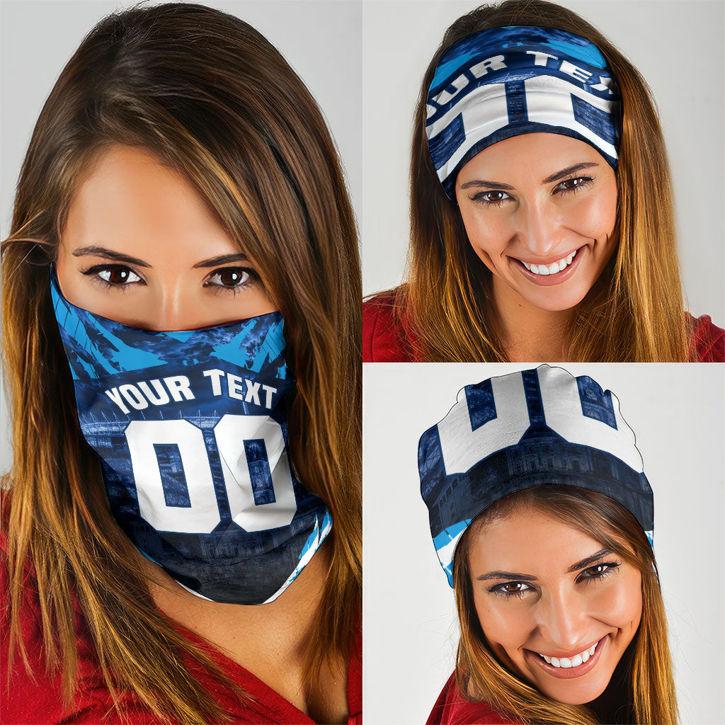 Personalised Geelong Cat Football Neck Gaiter Electric Blue Mascot Charging Cityscape
