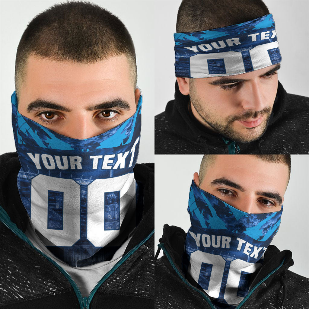 Personalised Geelong Cat Football Neck Gaiter Electric Blue Mascot Charging Cityscape