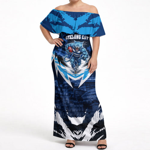Personalised Geelong Cat Football Off Shoulder Maxi Dress Electric Blue Mascot Charging Cityscape