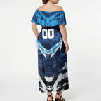 Personalised Geelong Cat Football Off Shoulder Maxi Dress Electric Blue Mascot Charging Cityscape
